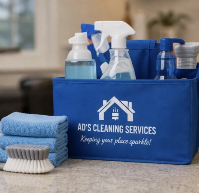 AD's Cleaning Service supplies and logo